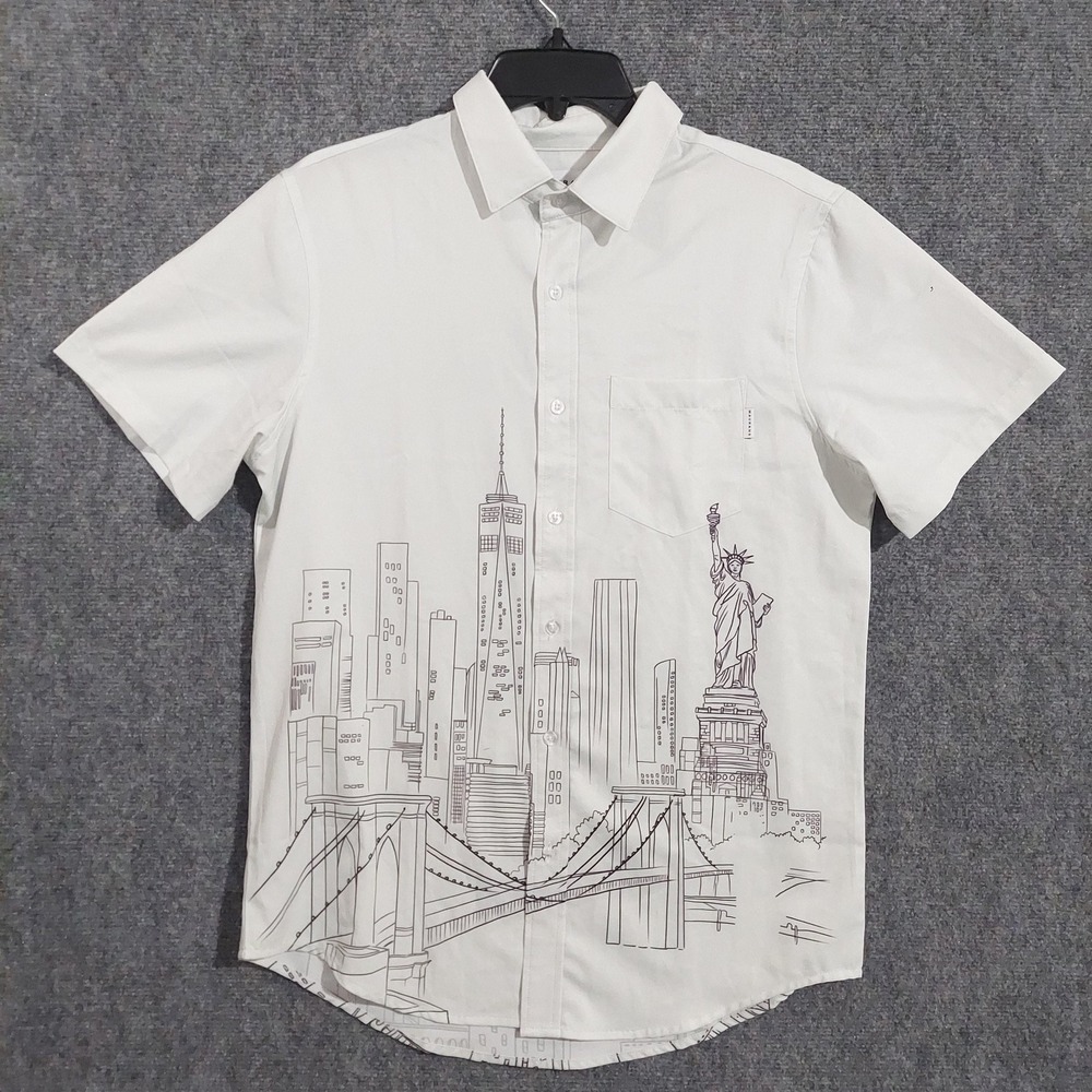 MAVRANS Shirt Mens Medium White New York City Skyline Print Stretch Button Up‎